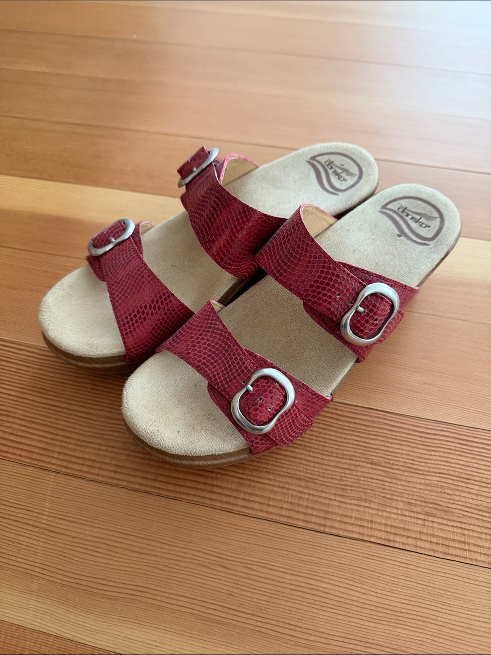 Dansko Pink/Red Textured Double-Buckle Slide Sandals